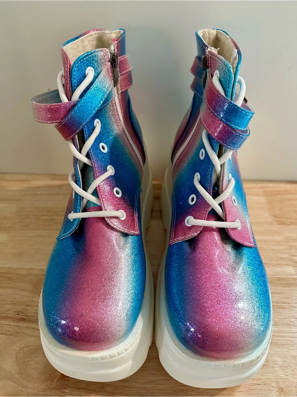 Glitter Gradient Platform Ankle Boots — Blue & Pink